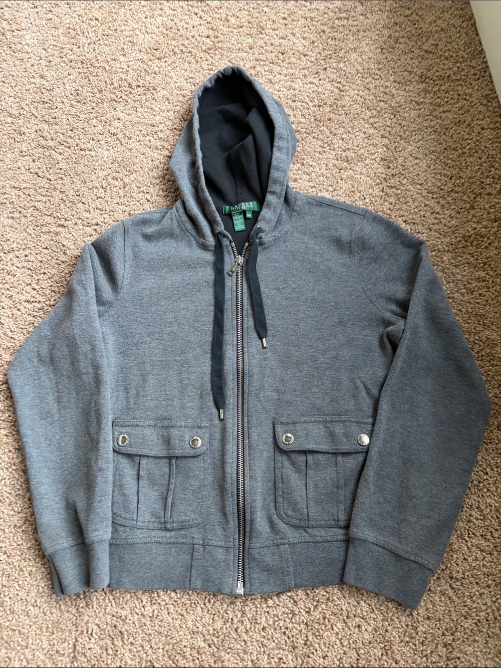 Lauren Ralph Lauren Gray Full-Zip Hooded Sweater Jacket - Size Medium Petite